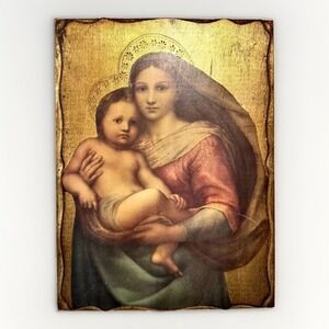 Vintage Italian Florentine Raphael Sistine Madonna Child Gold Gilt Wall Plaque